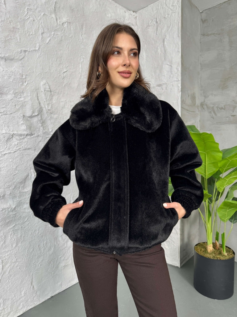 Premium Siyah İthal Kumaş Kürk Mont 70099-Siyah