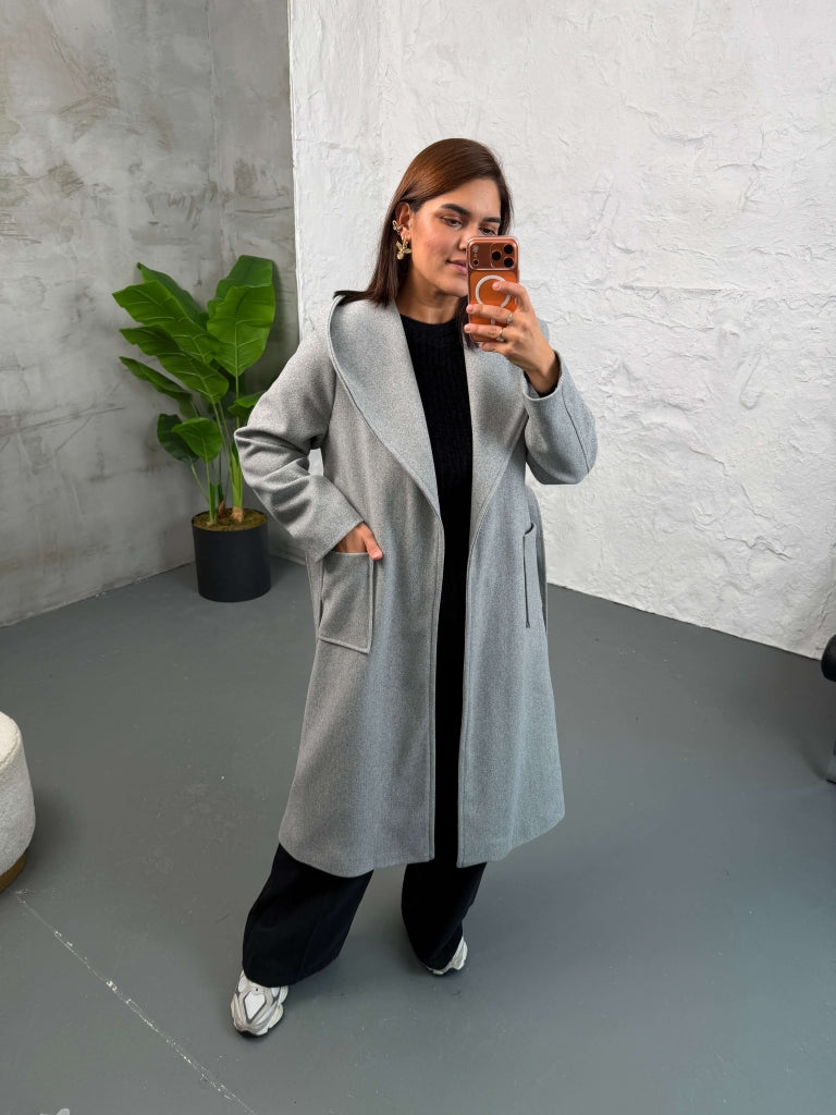 Gri Kapşonlu Kaşe Kaban 2610-Gri