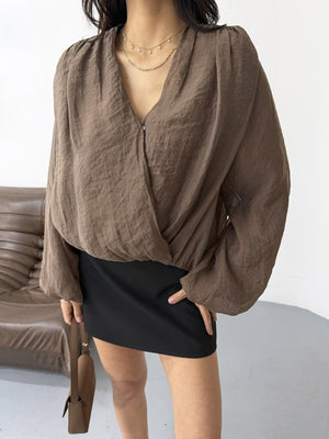 Kahve Kruvaze Vatkalı Tencel Bluz 5048-KAHVE