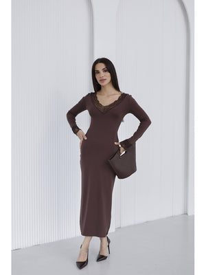 Kahverengi Dantel Yaka Elbise 4104-Kahve