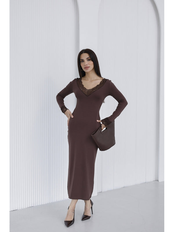 Kahverengi Dantel Yaka Elbise 4104-Kahve