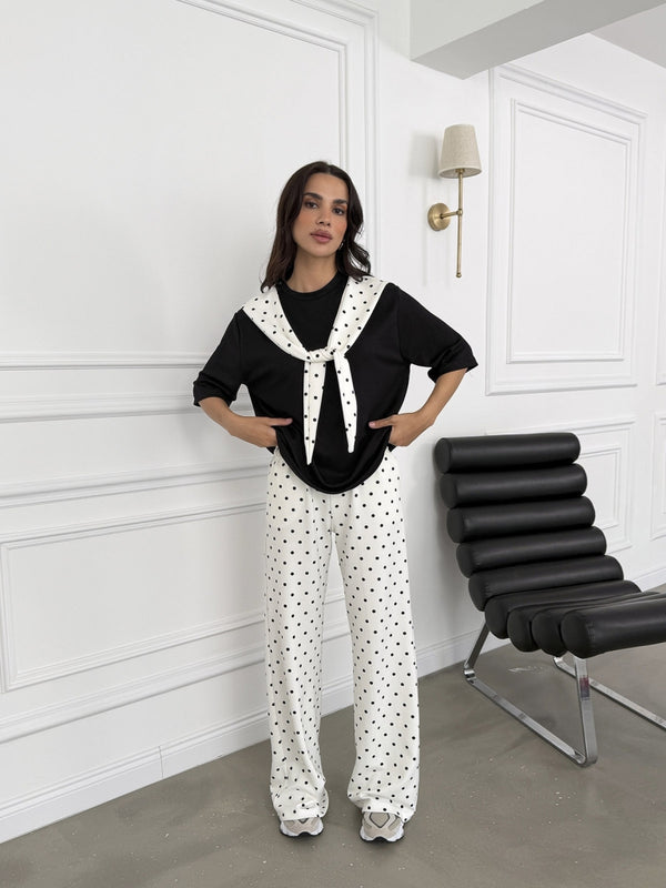 Ekru Puantiyeli Fularlı Modal Takım 4130-Siyah