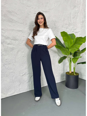 Lacivert Çift Pileli Kemerli Pantolon 3851-LACİVERT
