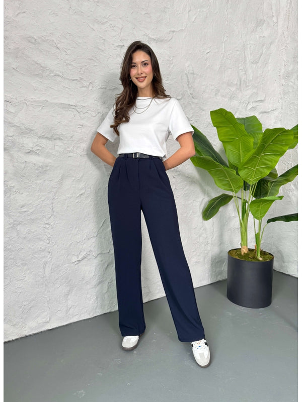 Lacivert Çift Pileli Kemerli Pantolon 3851-LACİVERT