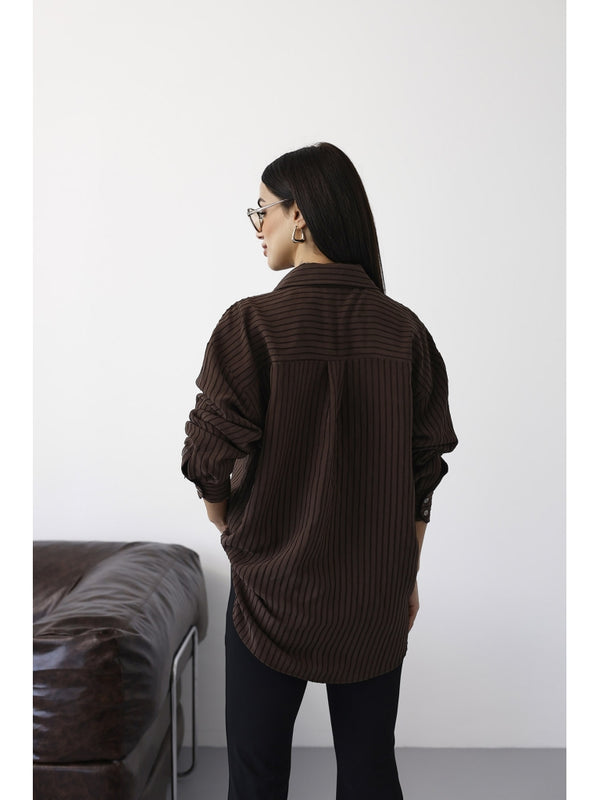 Kahve Fitilli Oversize Gömlek 5000-Kahve