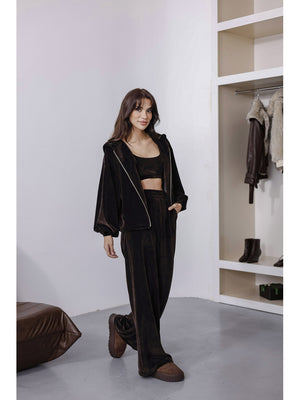 Kahverengi Üç Parça Kadife Takım 0097-Kahverengi