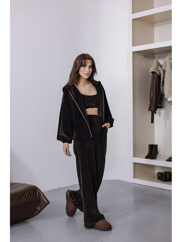 Kahverengi Üç Parça Kadife Takım 0097-Kahverengi