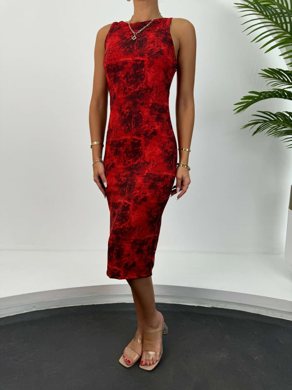 Kırmızı Batik Desen Body Elbise