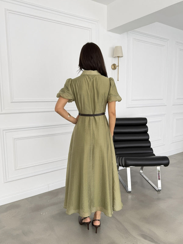 Haki Fırfır Detaylı Kemerli Tencel Elbise 3091-Haki