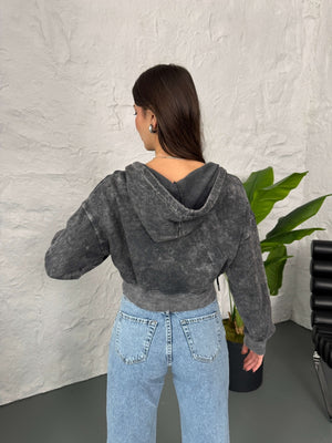 Yıkamalı Fermuarlı Crop Sweat