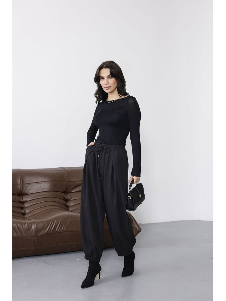 Siyah Beli Bağcıklı Şalvar Pantolon 51224-SİYAH