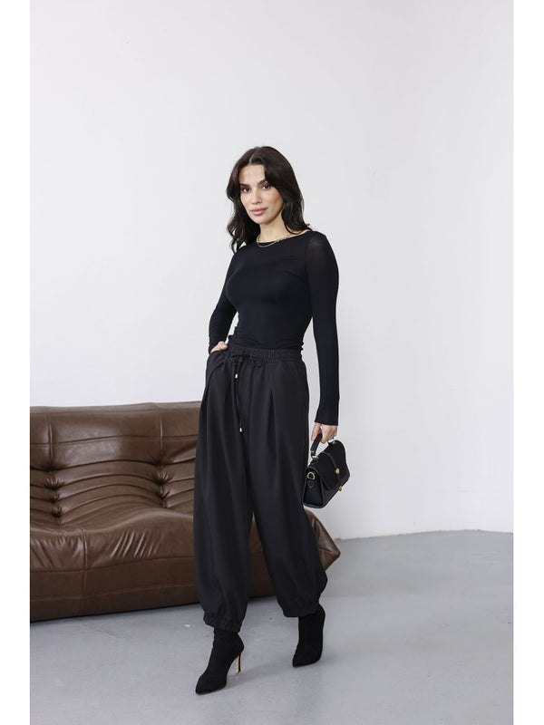 Siyah Beli Bağcıklı Şalvar Pantolon 51224-SİYAH