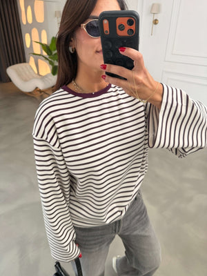 Beyaz Bordo Çizgili Oversize Sweat 12613-Bordo