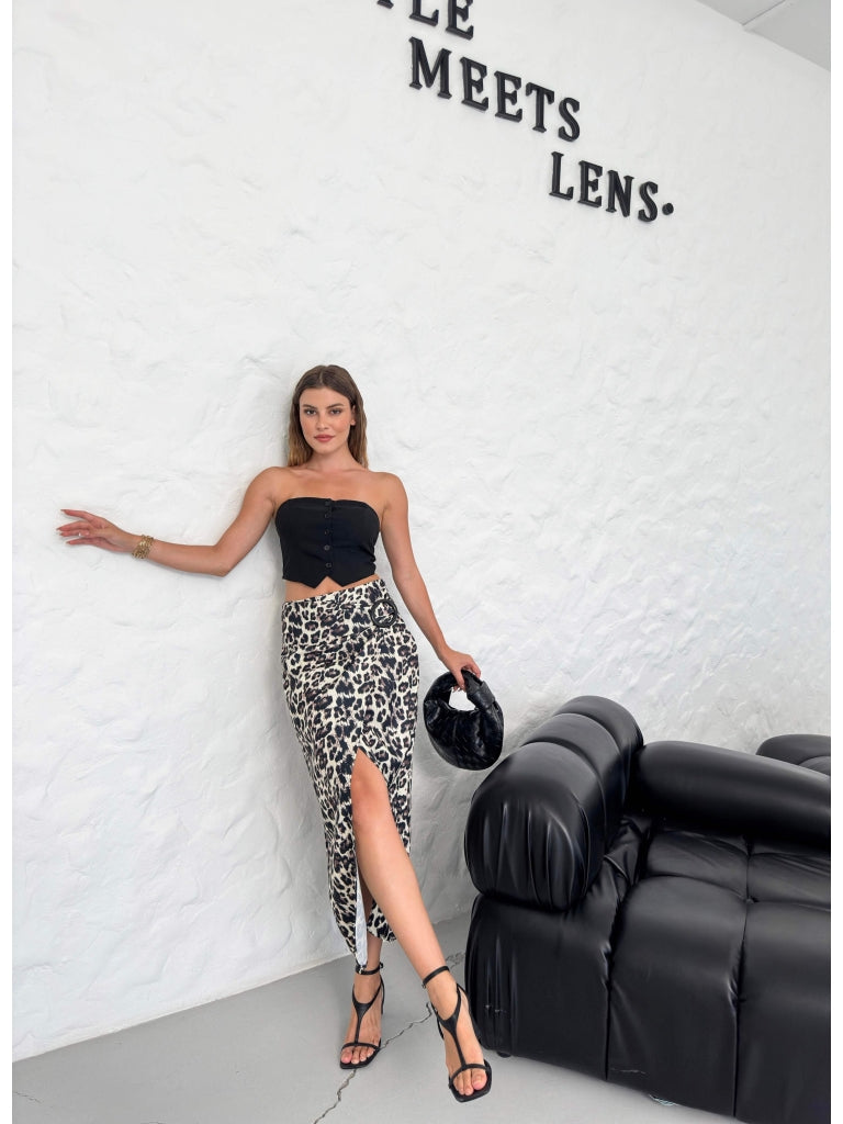 Leopar Toka Detaylı Yırtmaçlı Etek 65659