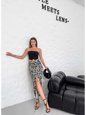 Leopar Toka Detaylı Yırtmaçlı Etek 65659