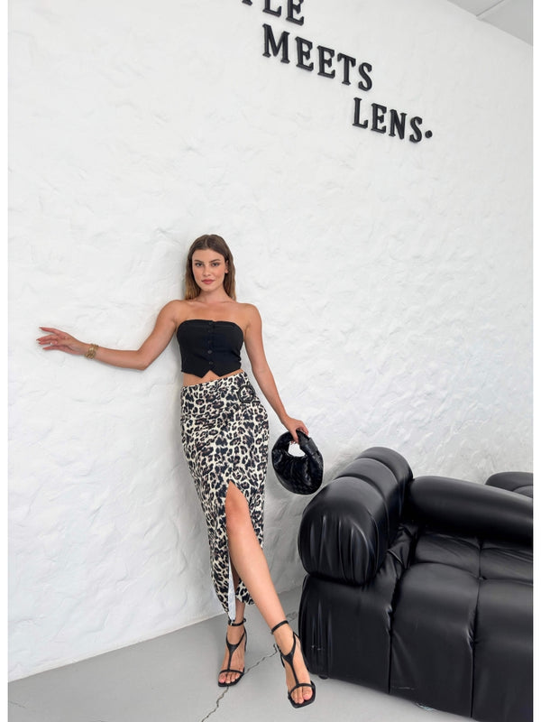 Leopar Toka Detaylı Yırtmaçlı Etek 65659