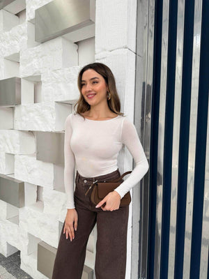 Beyaz Kayık Yaka Transparan Bluz 25187-Beyaz