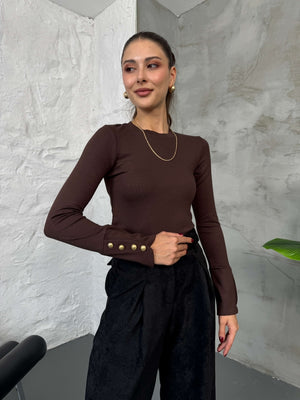 Acı Kahve Kolları Gold Düğmeli Body