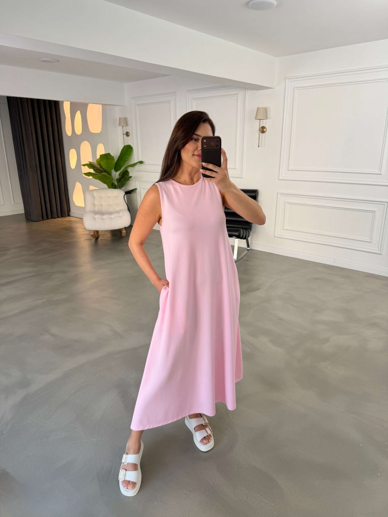 Pembe Bisiklet Yaka Maxi Modal Elbise 4142-Pembe