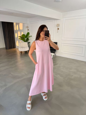 Pembe Bisiklet Yaka Maxi Modal Elbise 4142-Pembe