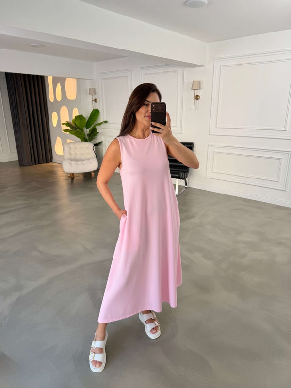 Pembe Bisiklet Yaka Maxi Modal Elbise 4142-Pembe