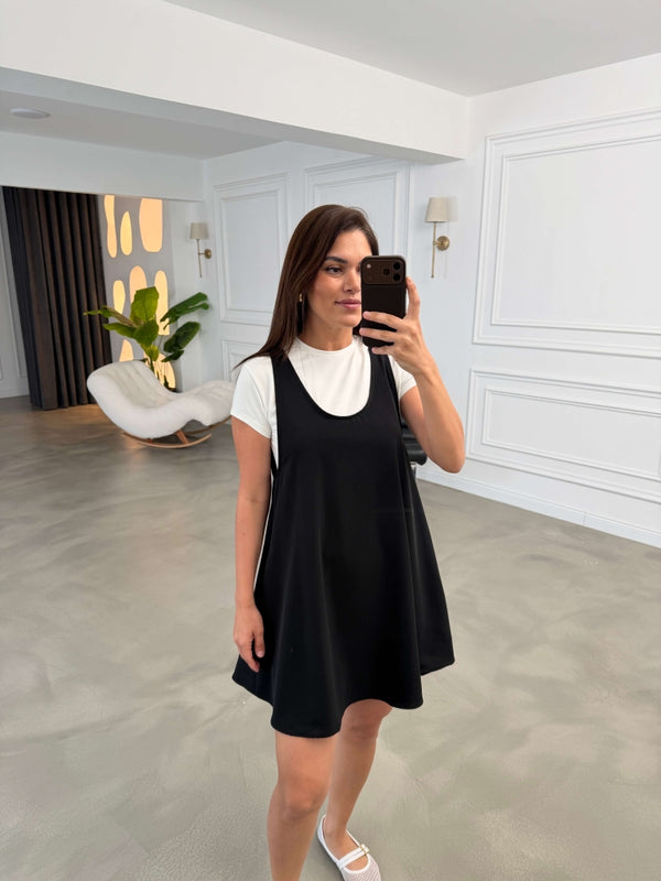 Siyah Tshirt Detaylı Kısa Elbise Takım 4153-Siyah