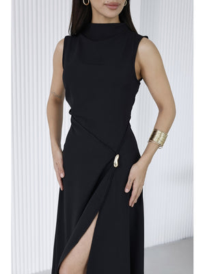 Siyah Toka Detaylı Yırtmaçlı Elbise 0805-SİYAH