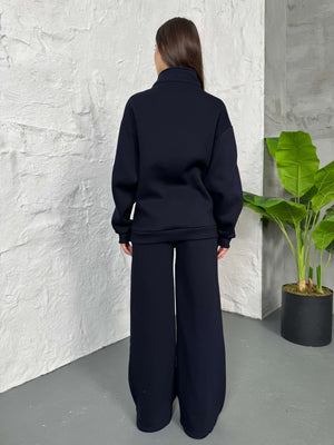 Lacivert Yarım Fermuarlı Şardonlu Sweat Takım 4028-Lacivert