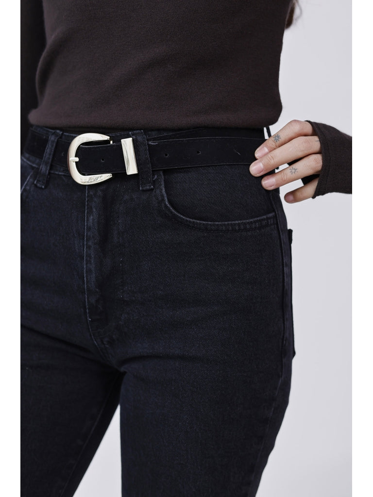 Siyah Süet Kemerli İspanyol Paça Jean 0798-Siyah