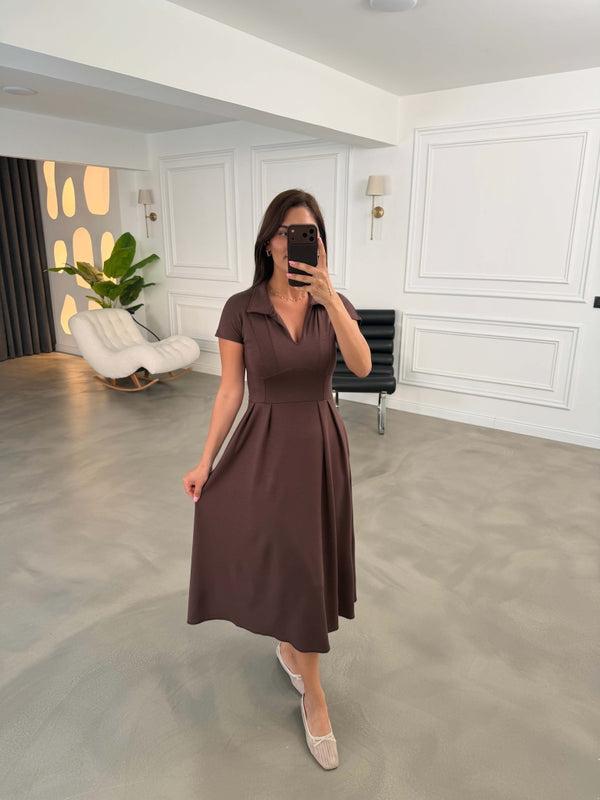 Kahve Polo Yaka Pensli Modal Elbise 4129-Kahve