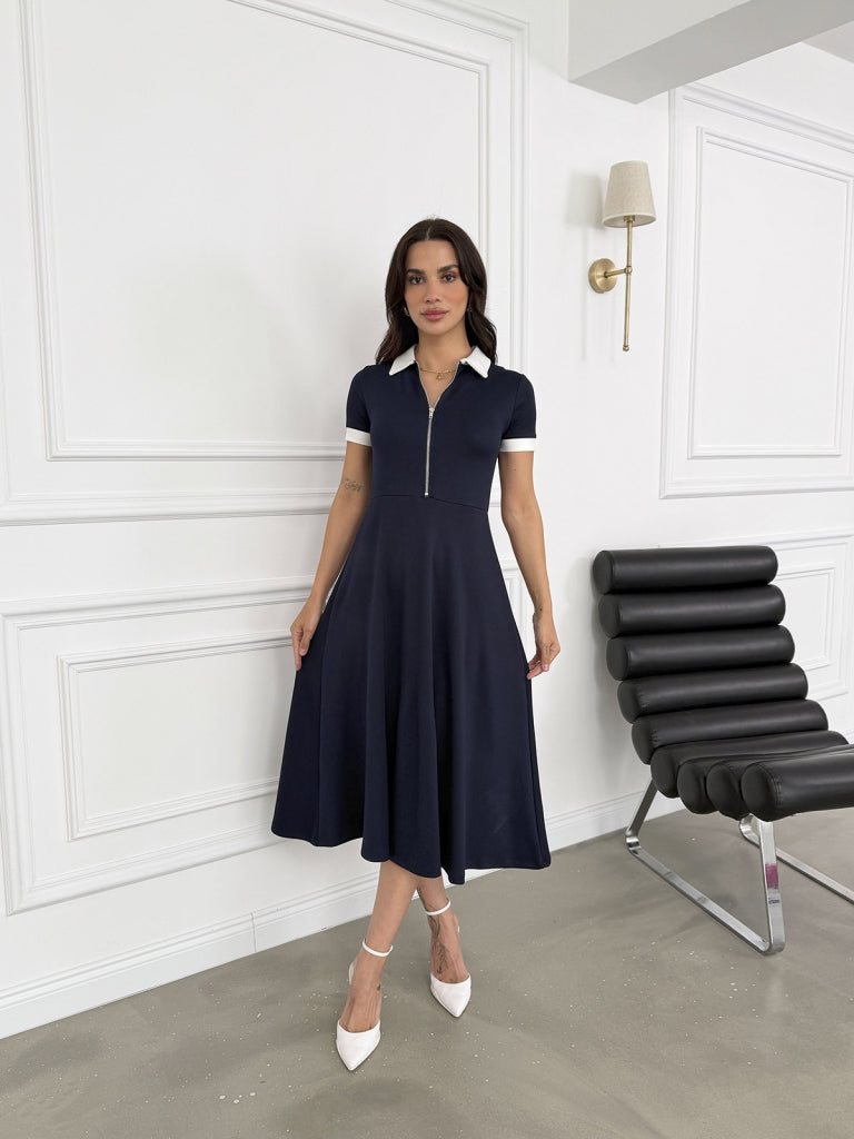 Lacivert Polo Yaka Yarım Fermuarlı Modal Elbise 1791-Lacivert