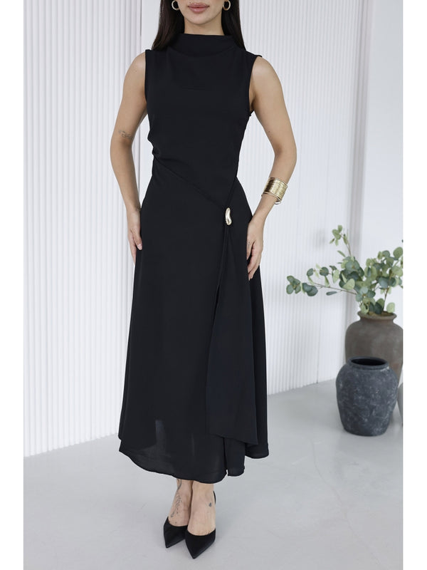 Siyah Toka Detaylı Yırtmaçlı Elbise 0805-SİYAH