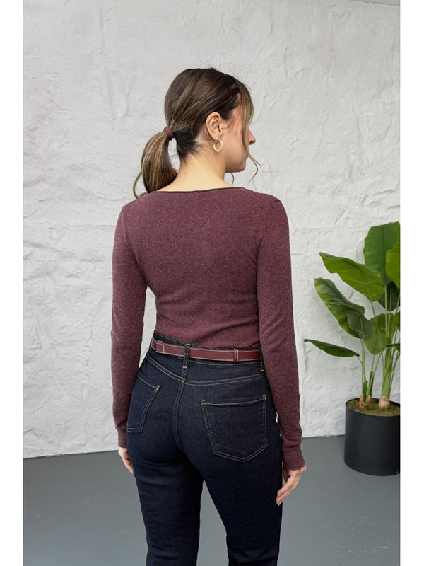 Dilvin Bordo Kayık Yaka Kaşmir Bluz 10840-BORDO