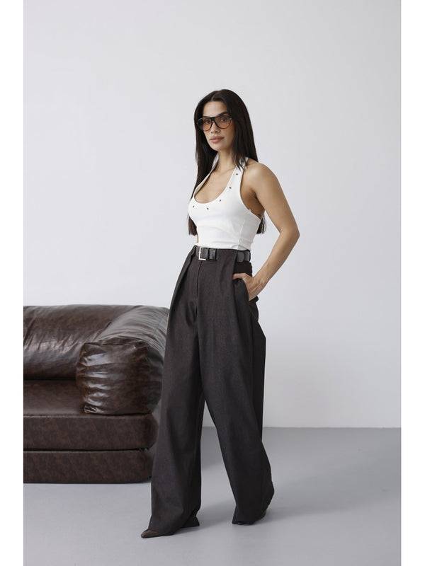 Kahverengi Belden Pileli Kemerli İnce Denim Pantolon 58479-Kahverengi