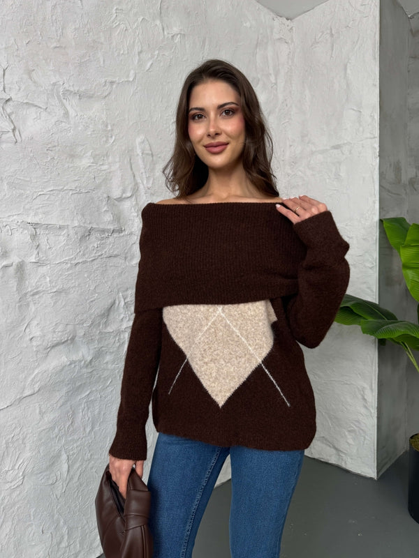 Acı Kahve Açık Yaka Baklava Desen Kazak 2530-Acı Kahve