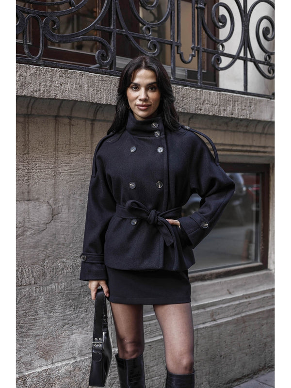 Siyah  Dik Yaka Kısa Kaşe Kaban 70119-SİYAH