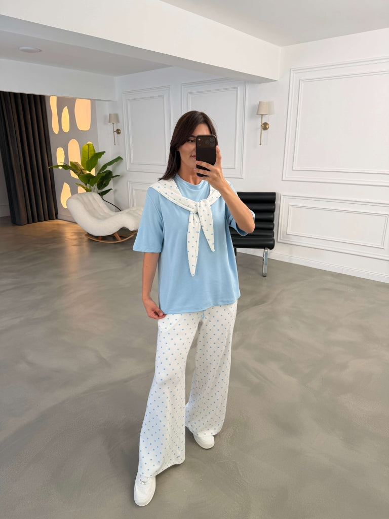 Bebe Mavi Puantiye Fularlı Biyeli Takım 4145-Bebe Mavi