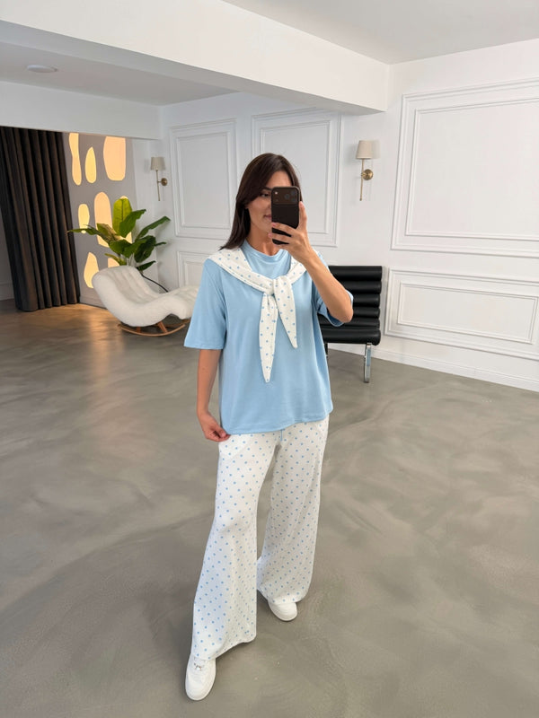 Bebe Mavi Puantiye Fularlı Biyeli Takım 4145-Bebe Mavi