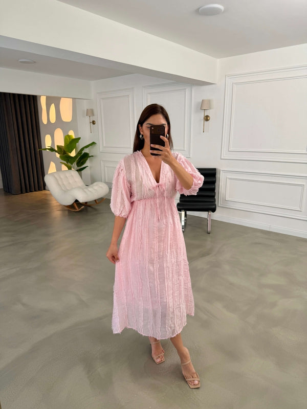 Pembe Püsküllü Ön Bağlamalı Elbise EY3075-Pembe