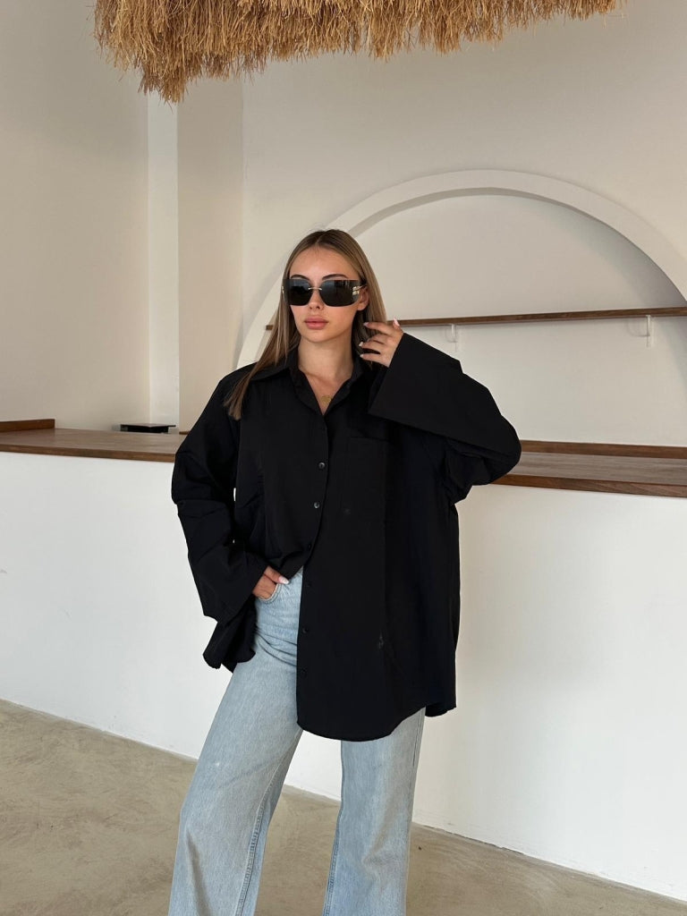 Siyah İspanyol Kol Oversize Cep Detaylı Gömlek