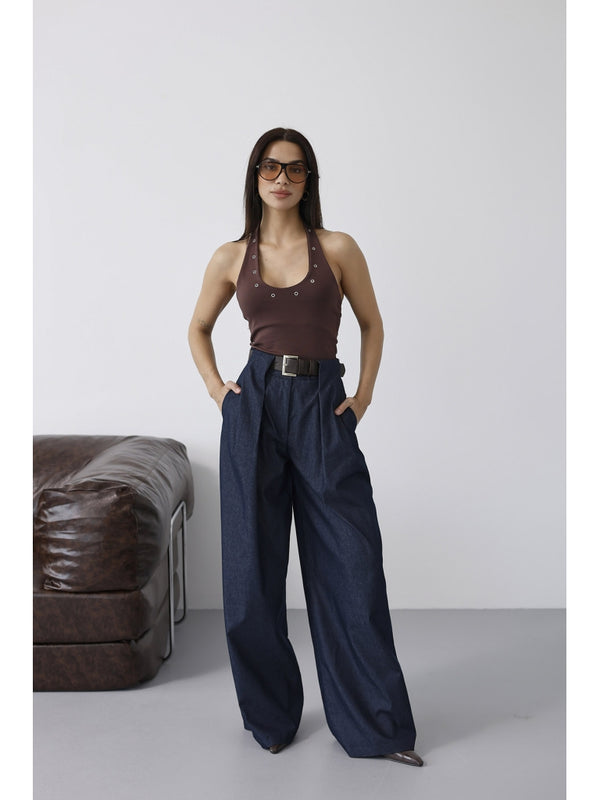 Mavi Belden Pileli Kemerli İnce Denim Pantolon 58479-Mavi