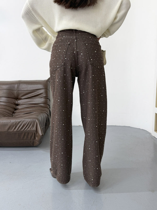 Koyu Kahve Taş Detaylı Palazzo Jean 0027-KOYU KAHVE