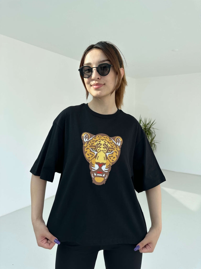 Siyah Kaplan Nakışlı Premium Tshirt 0032-SİYAH