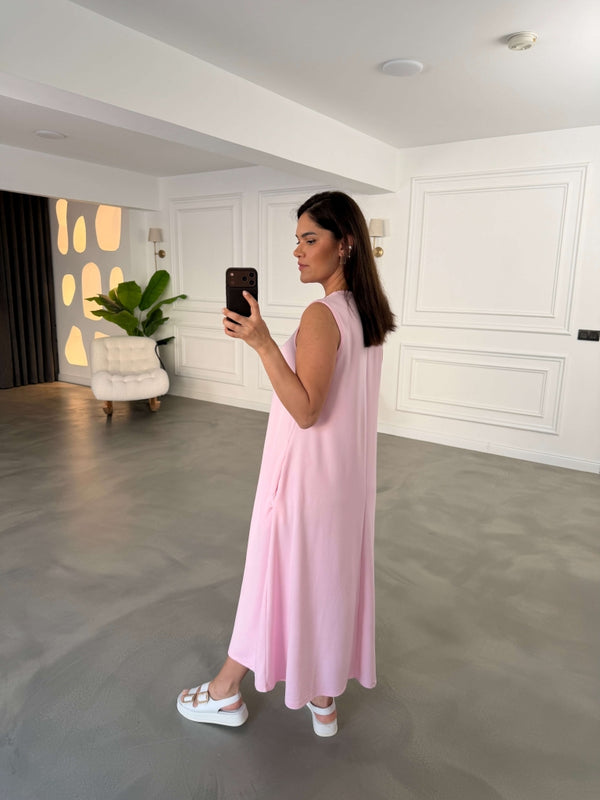 Pembe Bisiklet Yaka Maxi Modal Elbise 4142-Pembe