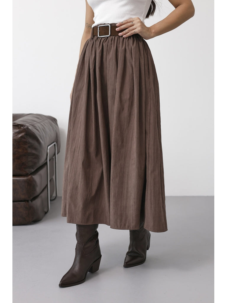 Kahverengi Süet Kemerli Cupra Etek 580667-Kahverengi