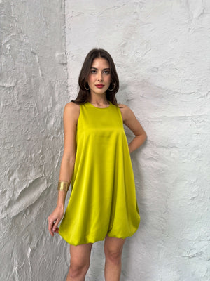Olive Etek Ucu Balon Detaylı Saten Elbise