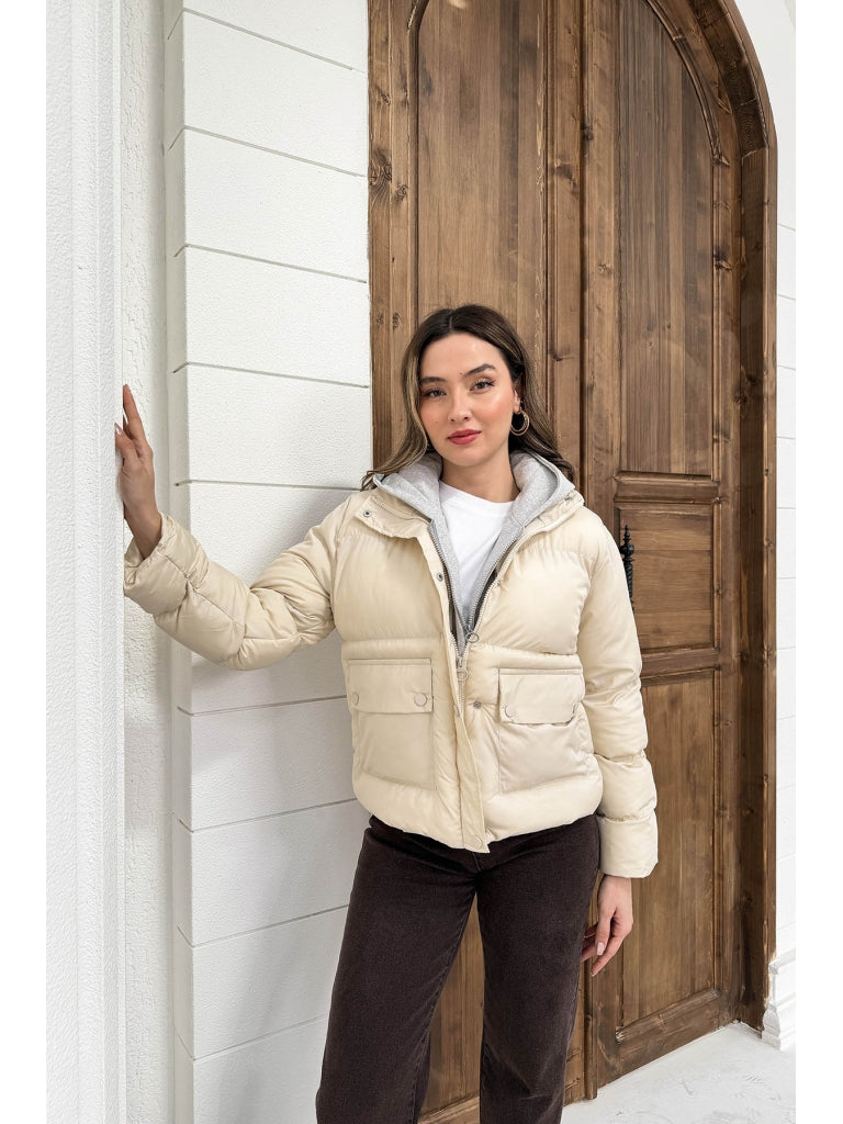 Ekru Kapşonlu Şişme Mont 2148-EKRU