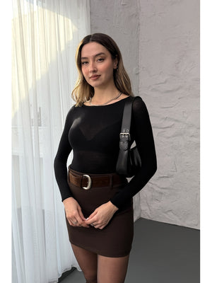 Siyah Kayık Yaka Transparan Bluz 25187-Siyah