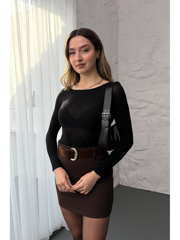 Siyah Kayık Yaka Transparan Bluz 25187-Siyah