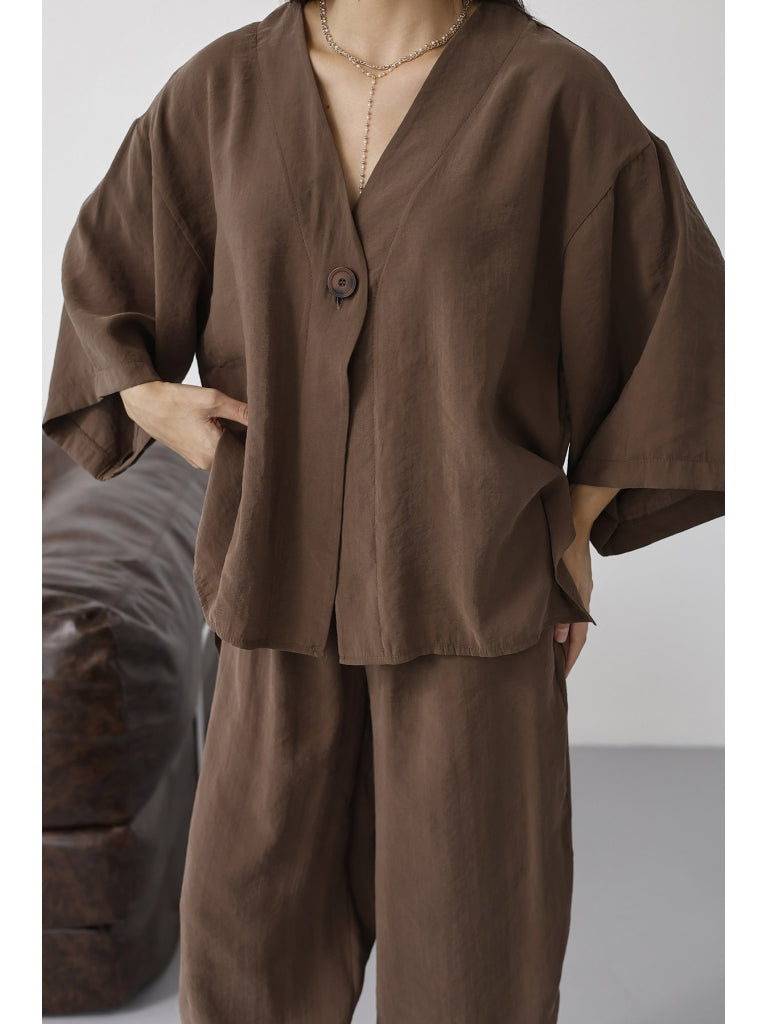 Kahve Tek Düğmeli Bluz Pantolon Takım 51189-Kahve